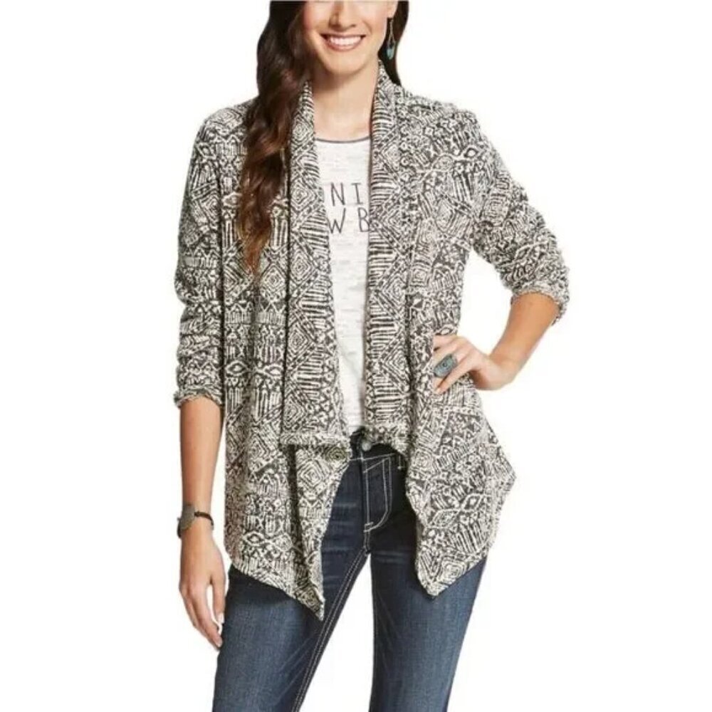 Ariat Swell Cardigan Sweater Open Front Black/White Aztec Western Wear Women XL